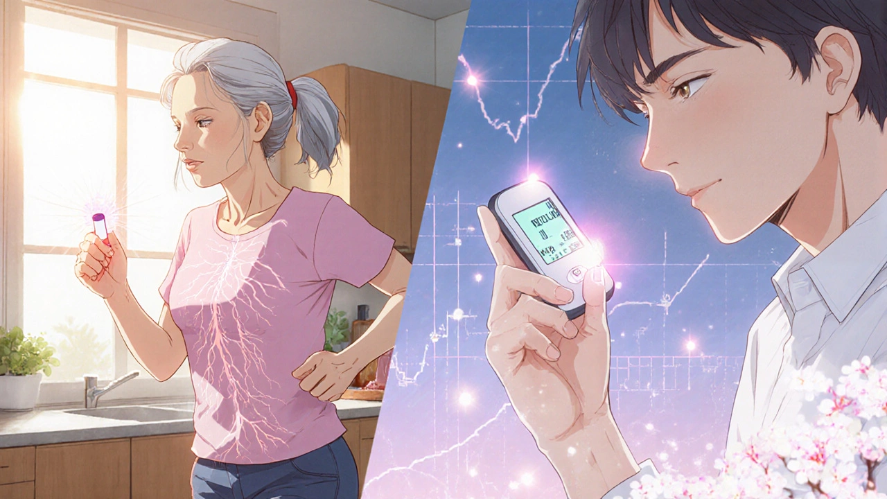 Energetic woman jogging at dawn with nebivolol pill glowing, and man checking blood sugar with bisoprolol nearby.