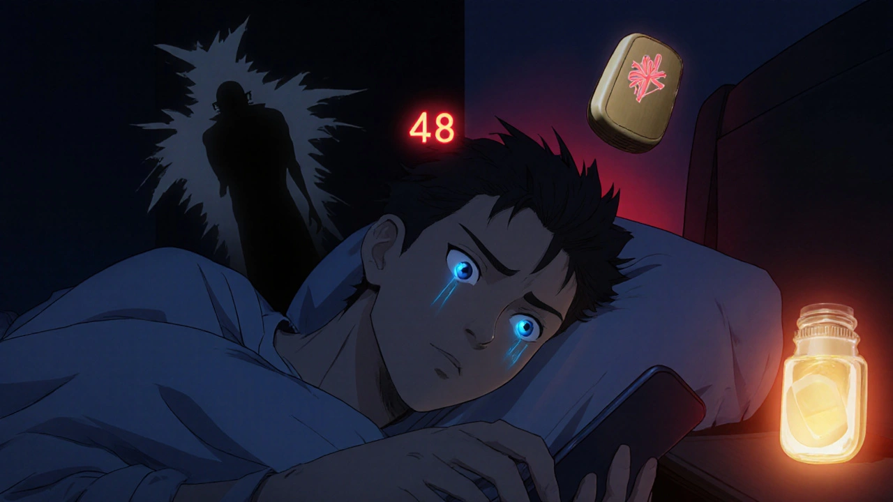 Man in bed with low heart rate warning, shadowy atenolol figure looming, warm metoprolol pill glowing softly on nightstand.