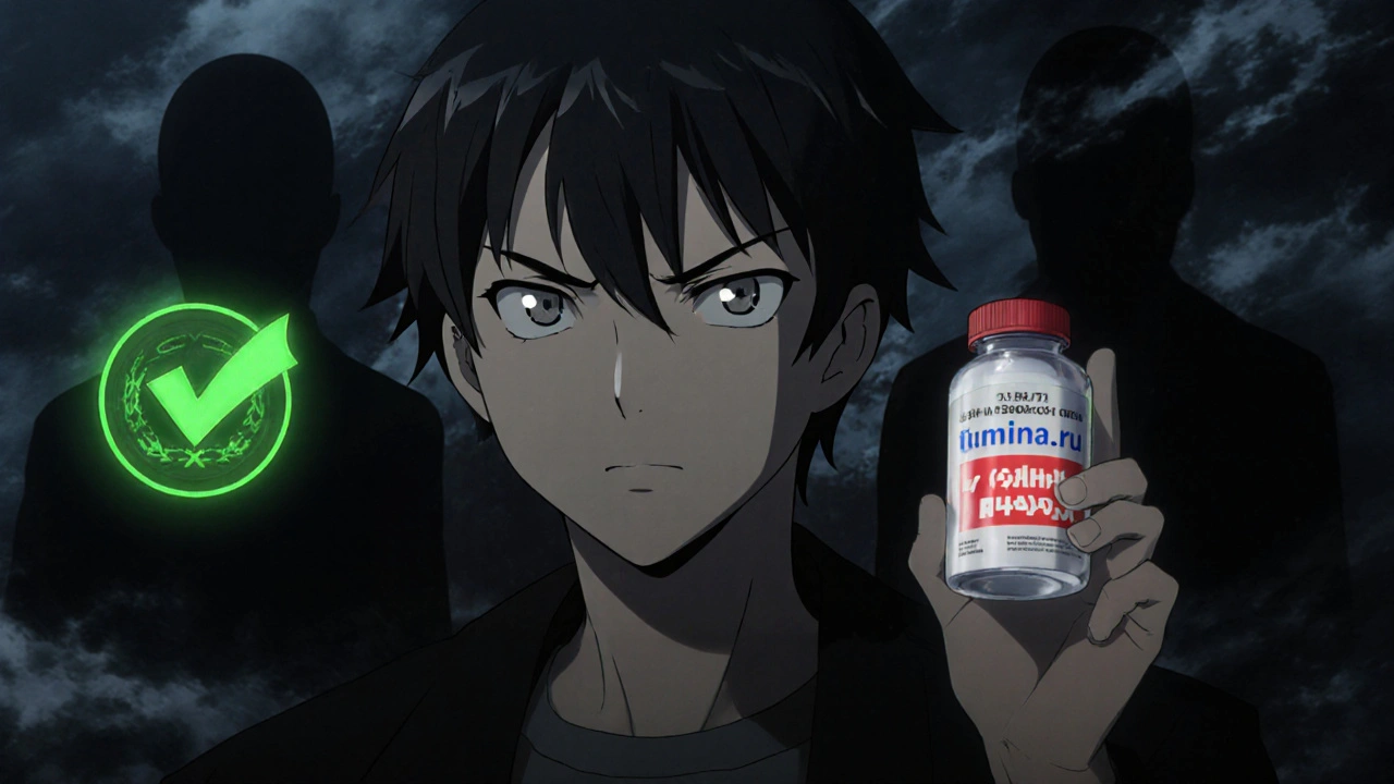 Contrast between safe pharmacy and dangerous counterfeit drug seller