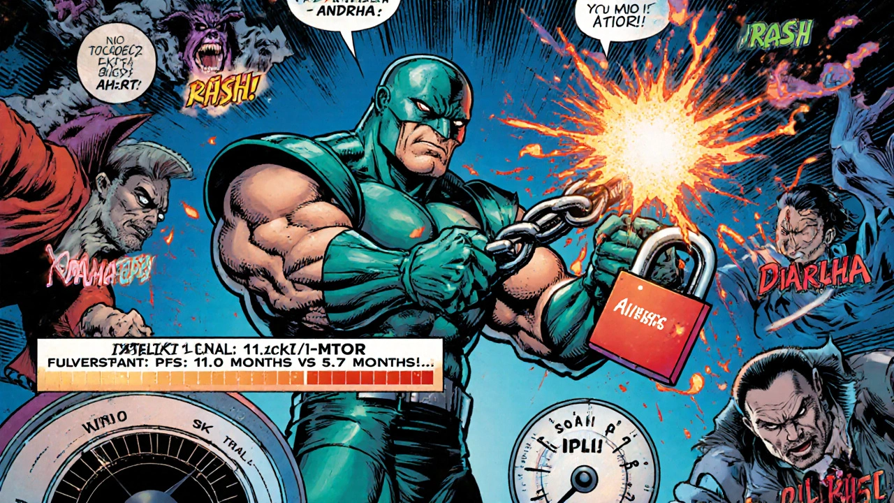 Alpelisib superhero smashes PI3Kα lock while side effects villains swirl nearby.