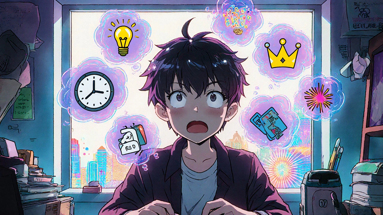 Anime character displaying manic warning signs: rapid thoughts, little sleep, grandiosity, and risky behavior.