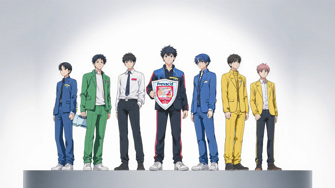 Anime characters line up, each representing a different acid‑reducer medication.