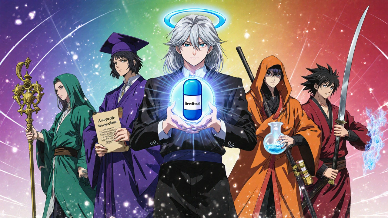 Anime characters representing Iverheal and five alternative drugs stand together with icons.