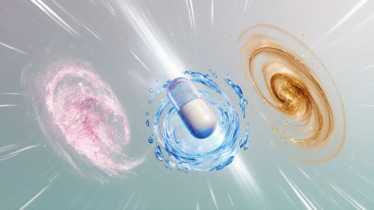 Anime close‑up of a capsule surrounded by glowing strands of collagen, glucosamine water vortex, and amber curcumin.