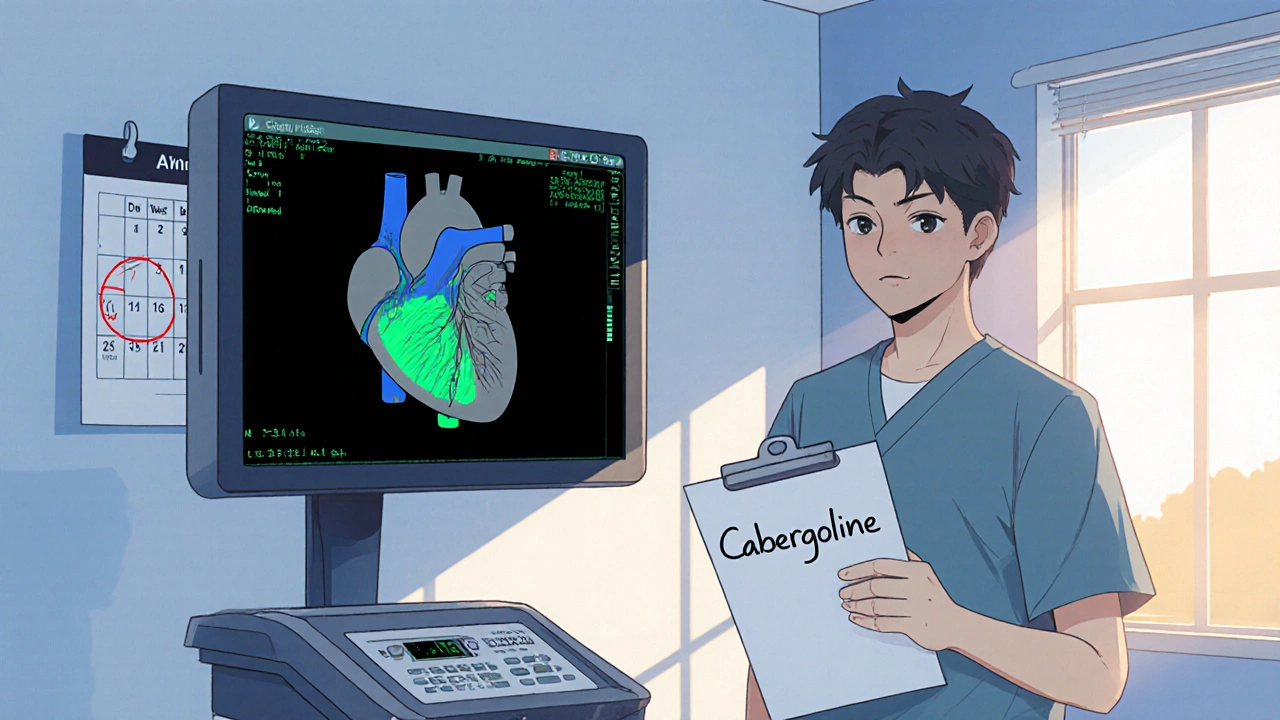 Anime depiction of a patient undergoing heart valve checkup while taking cabergoline.