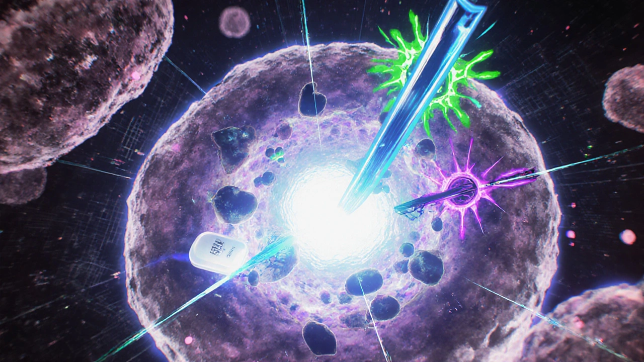 Anime depiction of bictegravir, emtricitabine, and TAF inside a stylized HIV cell.