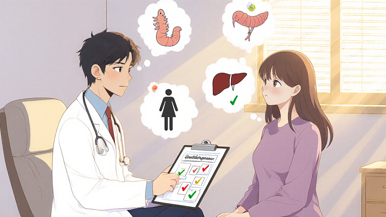 Anime doctor and patient discussing treatment options with parasite icons and checklist.