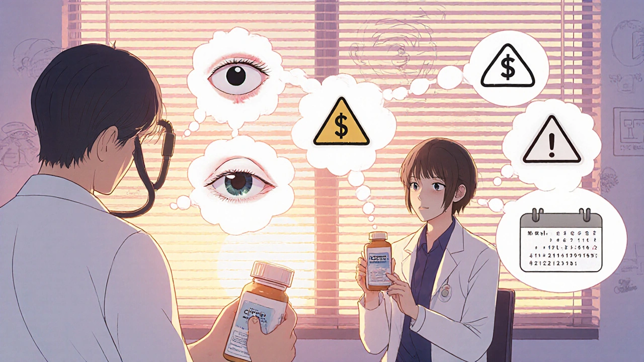 Anime doctor consulting a patient, with thought bubbles about inflammation, cost, and dosing.