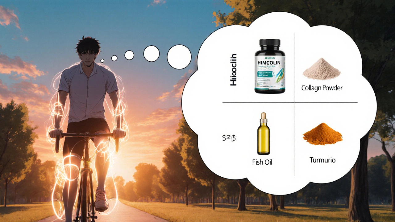 Anime figure cycling at sunrise, joints glowing, thought bubble showing supplement icons and price symbols.