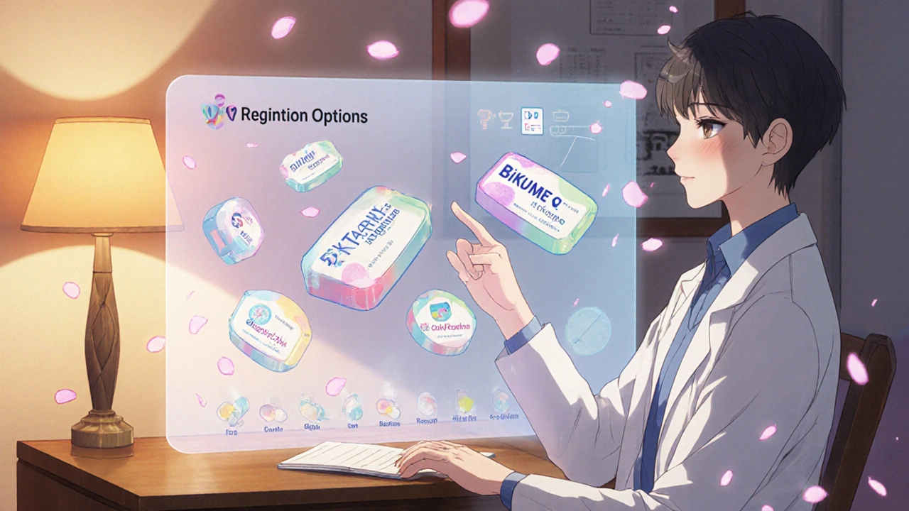 Anime illustration of patient choosing among HIV regimen options with doctor.