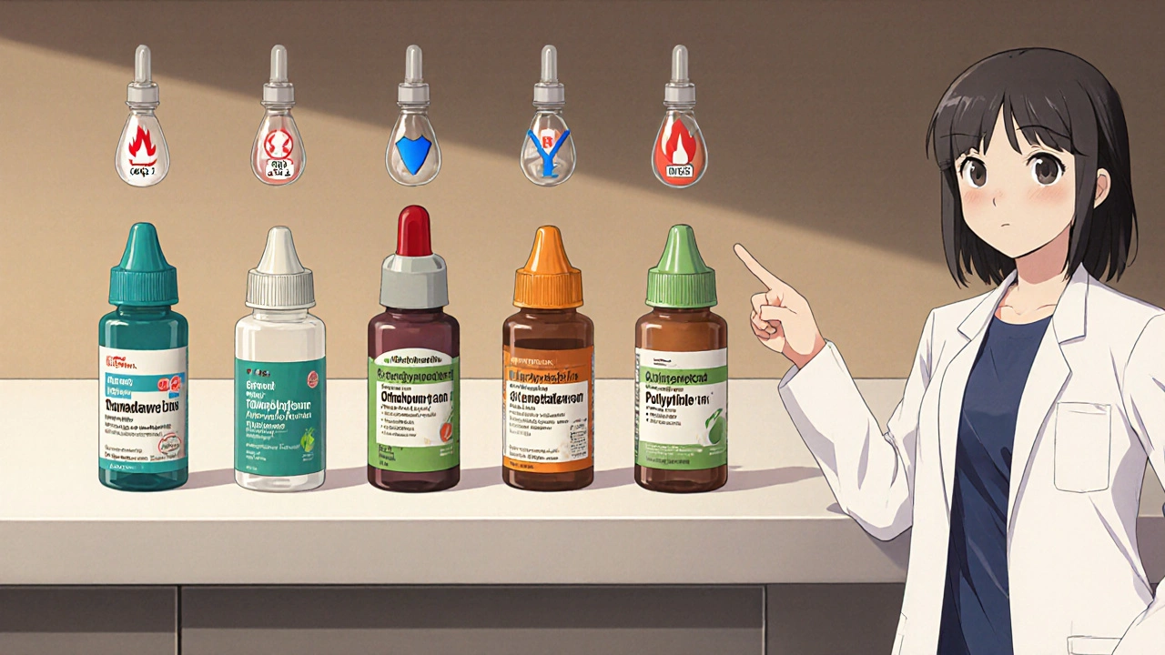 Anime lineup of six eye‑drop bottles with icons for steroid and dosing frequency.