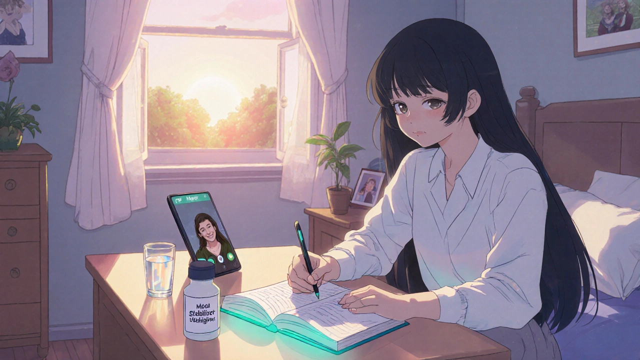 Anime scene of a person recording mood, receiving support from a friend, and taking medication.