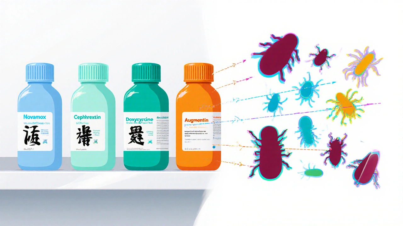 Anime shelf showing five antibiotic bottles with arrows indicating bacterial coverage.