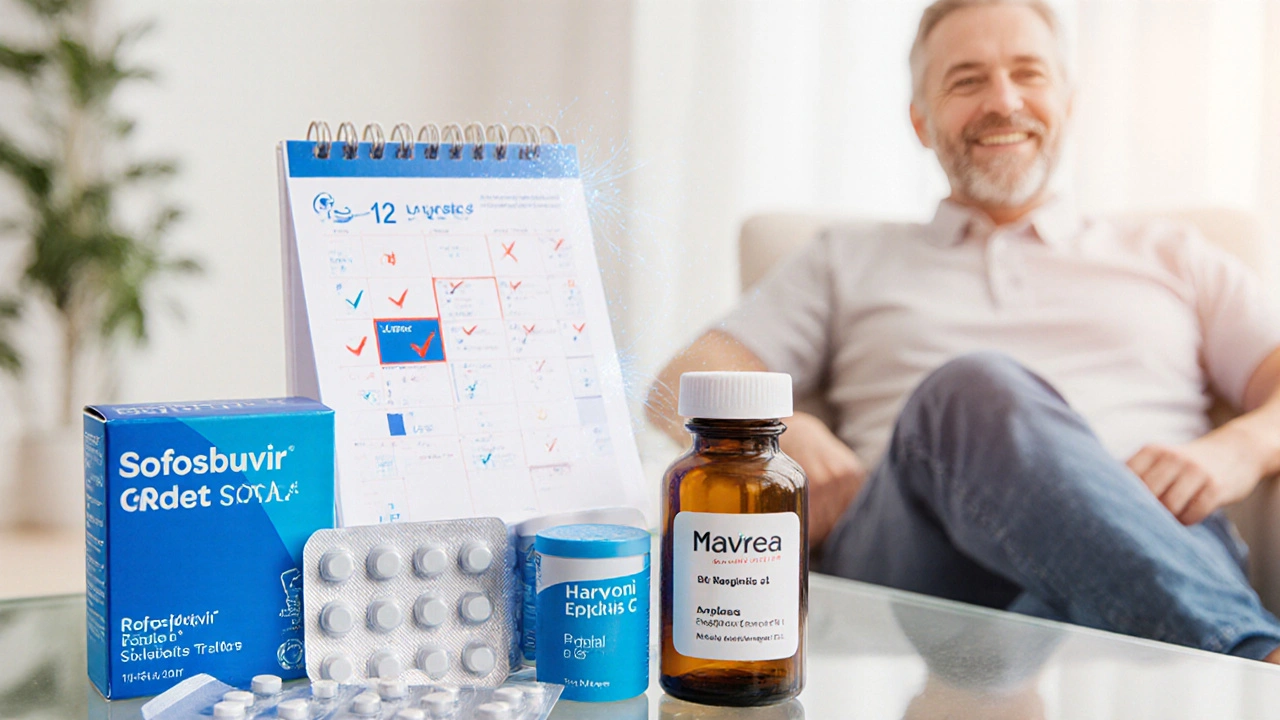 Array of modern hepatitis C pills beside an 8‑12 week calendar and a smiling patient.