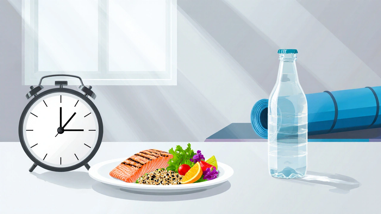 Balanced small plate, clock, water bottle, and yoga mat showing healthy habits.