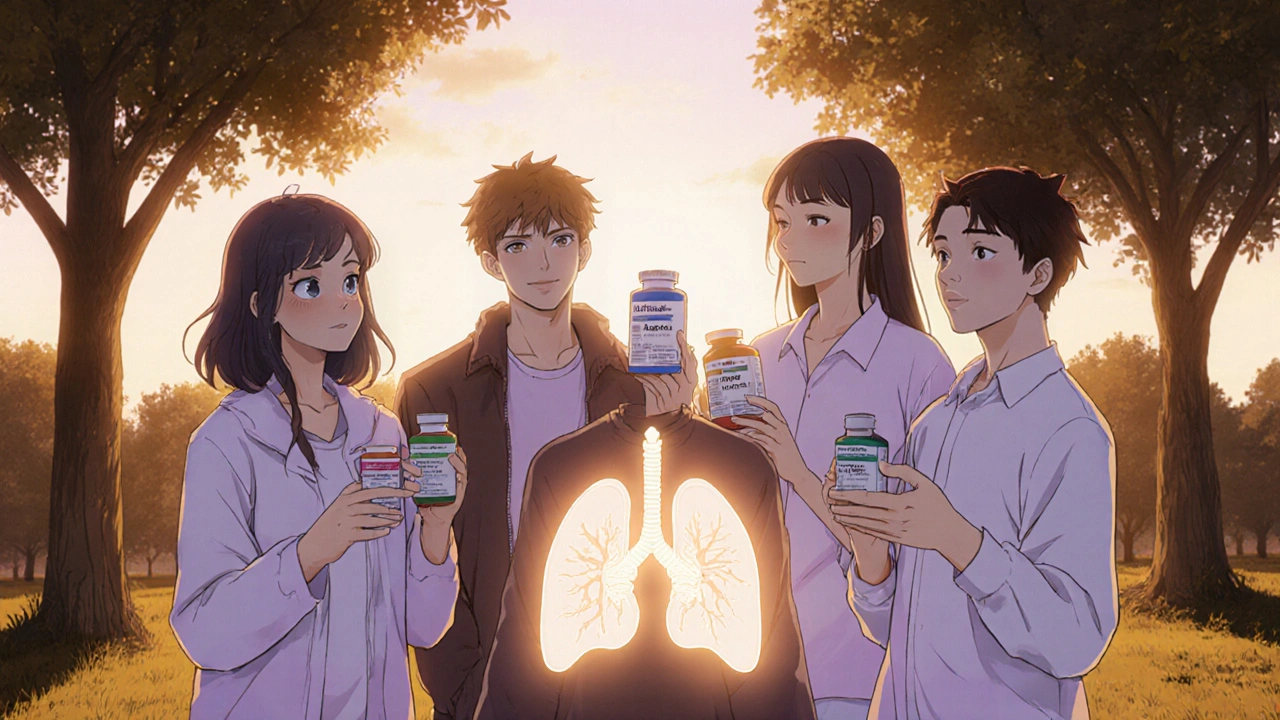CF patients in a park, one holding azilsartan, healthy organs glowing beneath them at sunset.