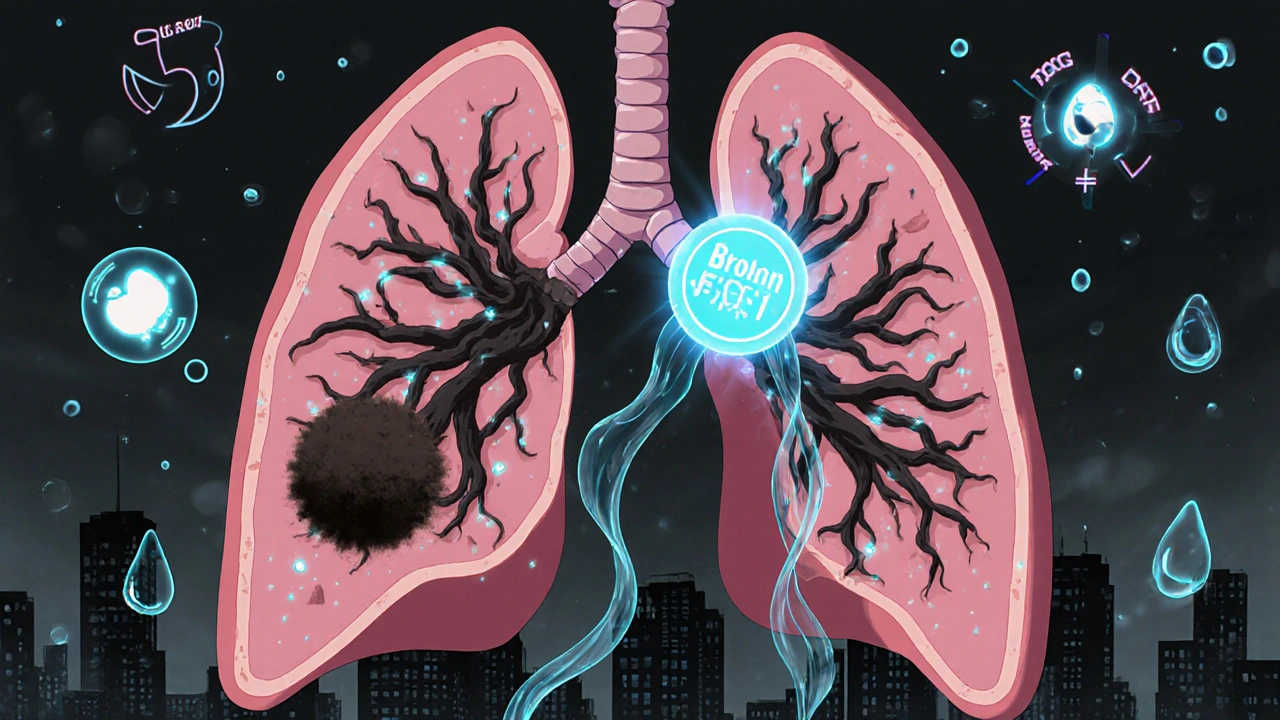 Cross-section of lung with toxic mucus being dissolved by glowing bromhexine molecules in urban air.