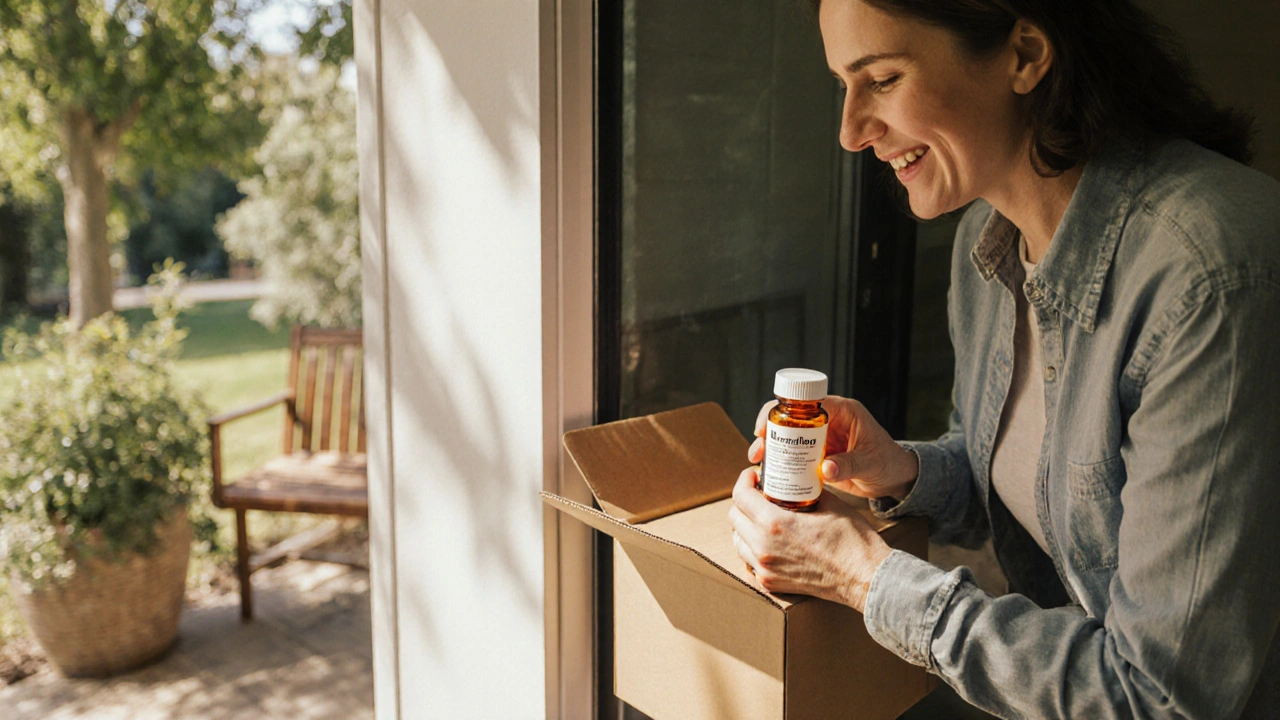 Delivery box opened on a porch with a pill bottle being inspected by a relieved adult.