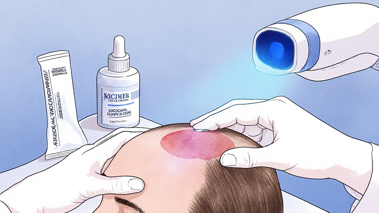 Dermatologist injecting steroid into a bald patch with creams and laser nearby.