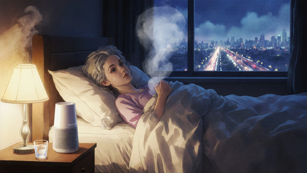 Elderly woman sleeping peacefully beside bromhexine bottle, clean air wisp rising as smog glows outside window.