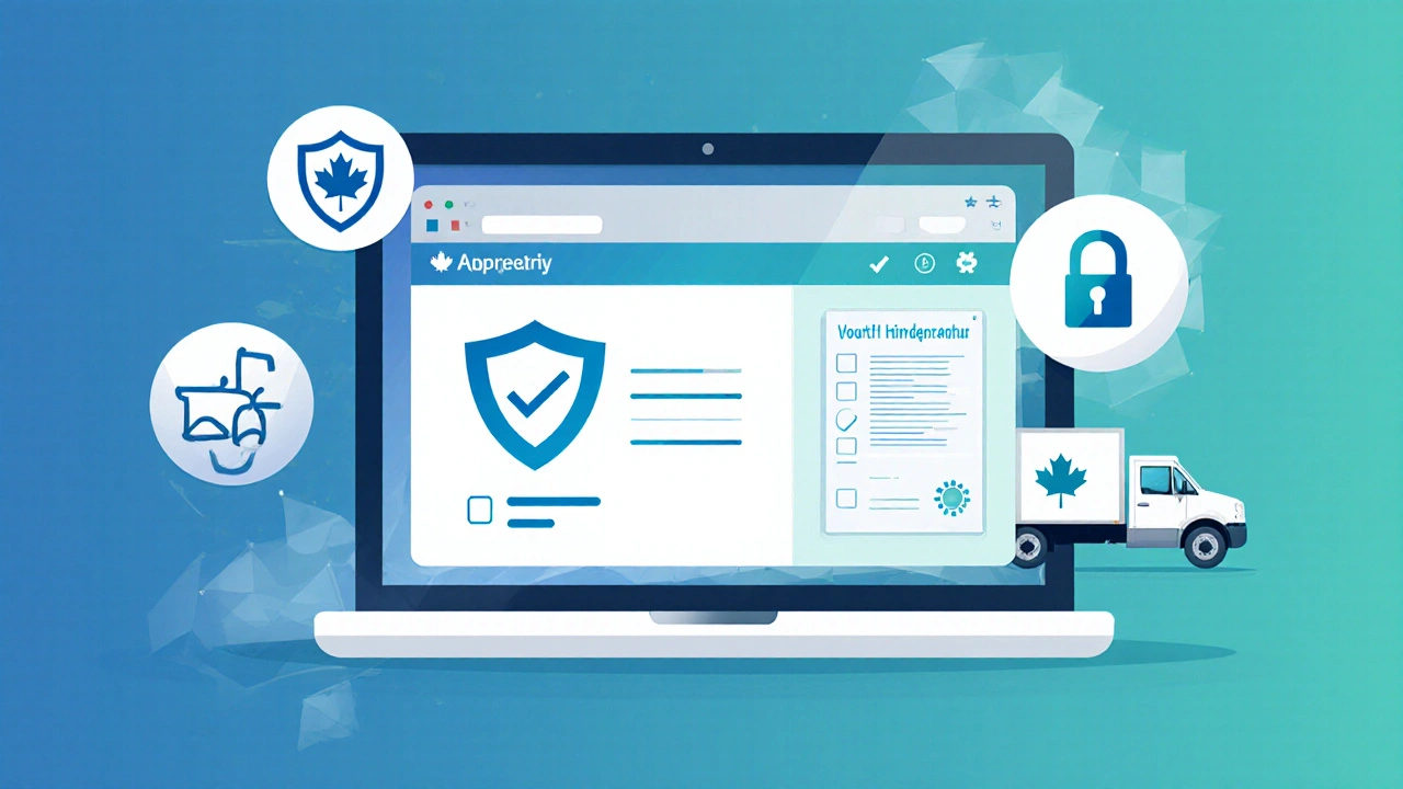Flat illustration of a laptop with safety icons for verifying online pharmacies.