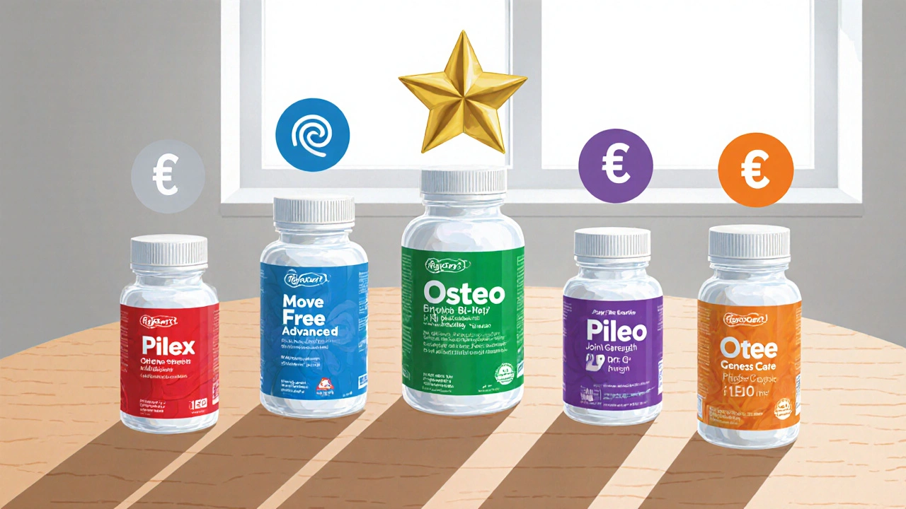 Flat‑lay of five joint supplement bottles with colored evidence icons and blurred price tags.