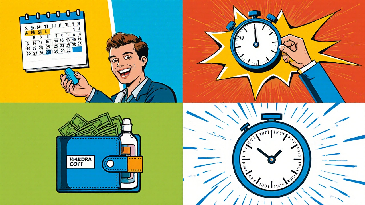 Four comic vignettes illustrate weekend readiness, fast onset, low cost, and short duration options for ED meds.