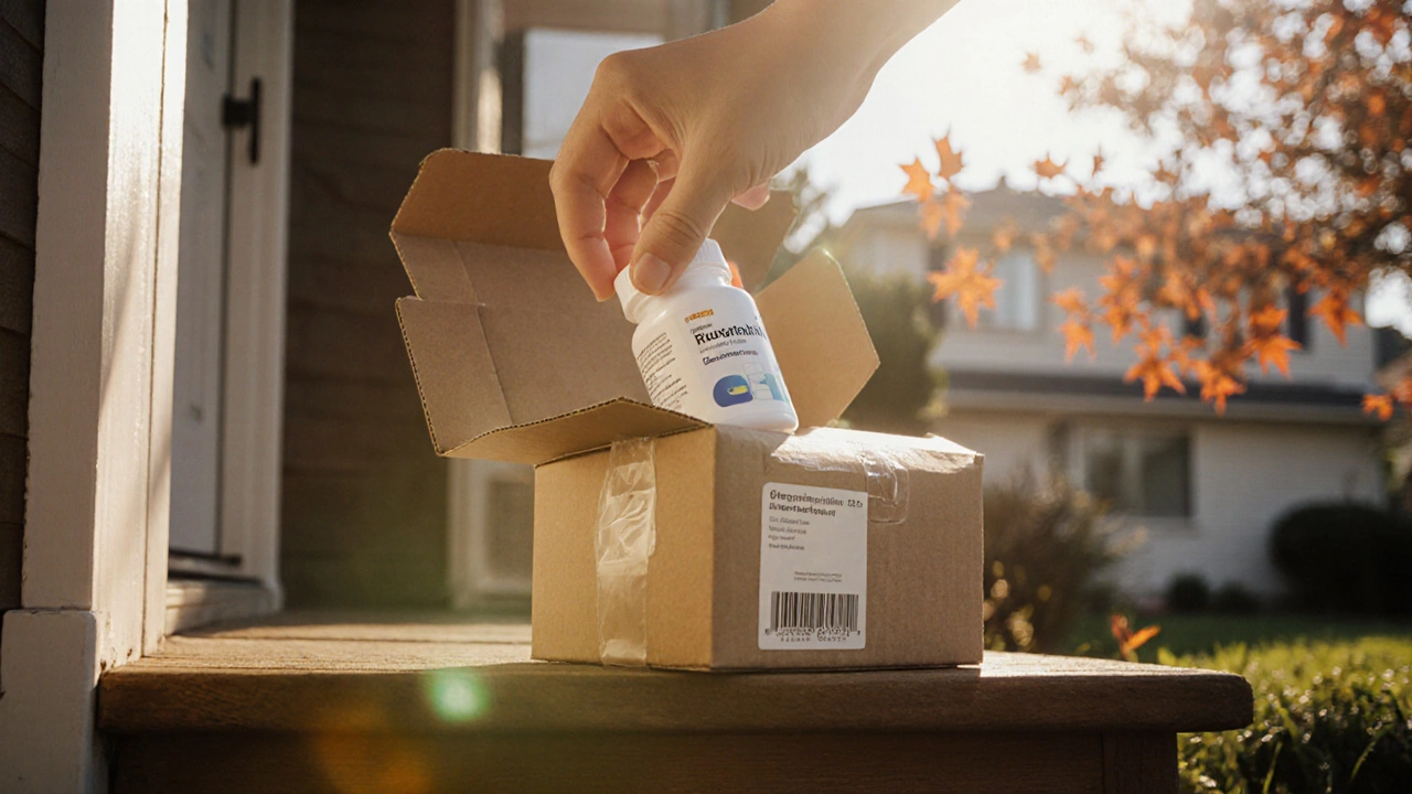 Hand opening a delivery box to reveal a sealed bottle of generic rosuvastatin.