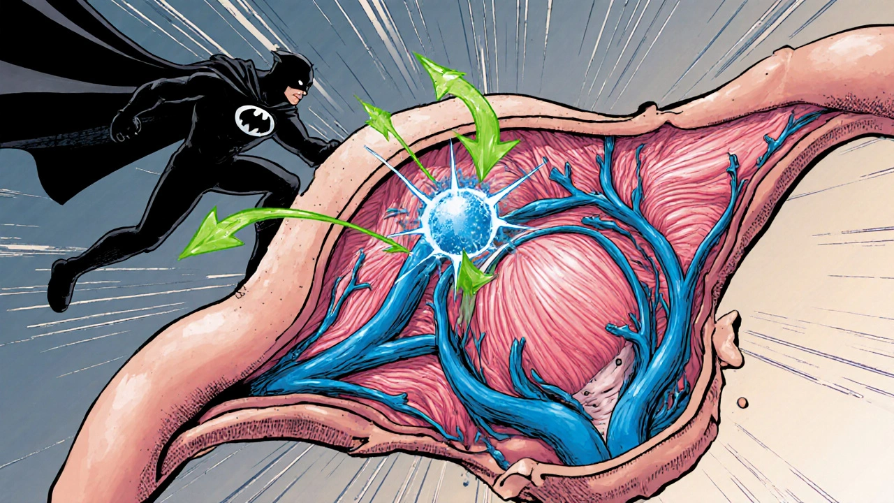 Heroic Tadalafil molecule blocks PDE5 in a stylized view of penile blood vessels, showing increased blood flow.