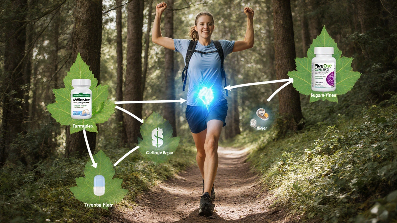 Hiker on trail with highlighted knee and decision‑tree branches showing supplement choices.