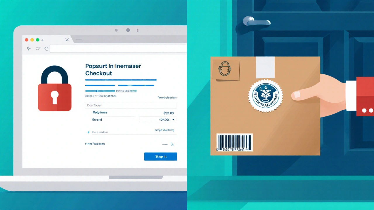 Laptop showing secure pharmacy page beside a delivered inhaler box with tamper seal.