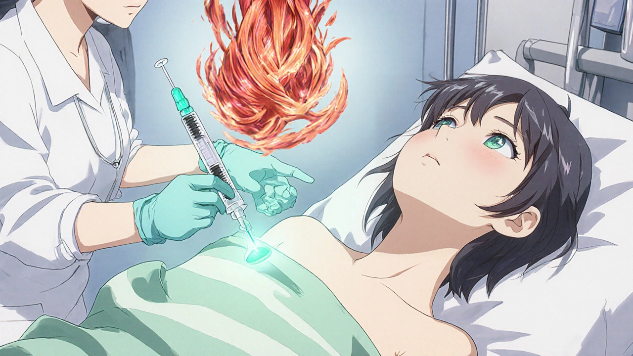 Nurse giving an injection as chaotic muscle spasms dissolve into calm waves inside the patient’s body.