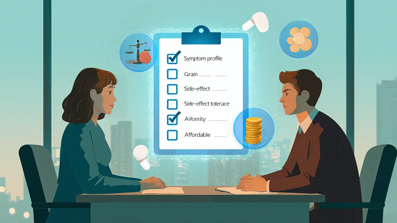 Patient and clinician reviewing a holographic checklist of medication factors.