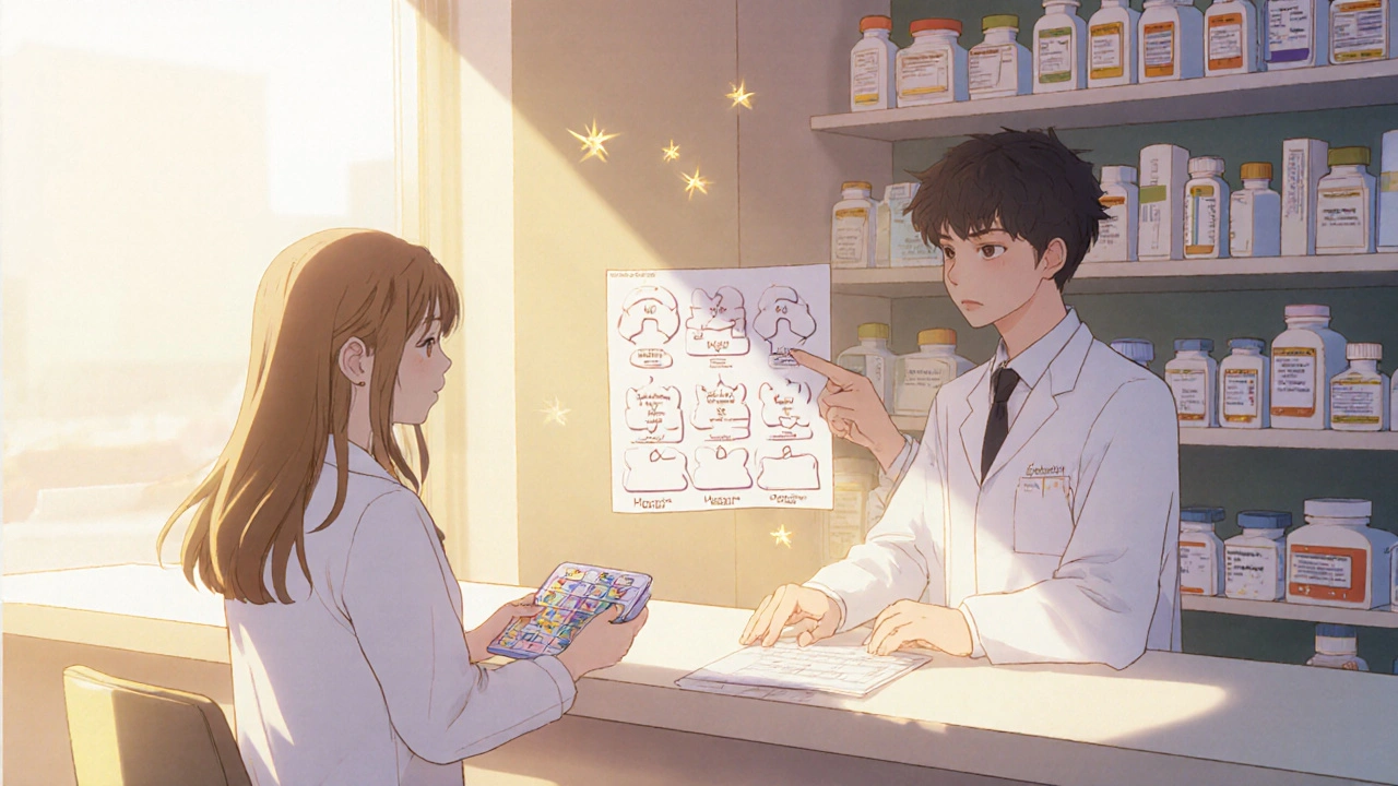 Patient and pharmacist discussing medication switch, with gentle sunlight.