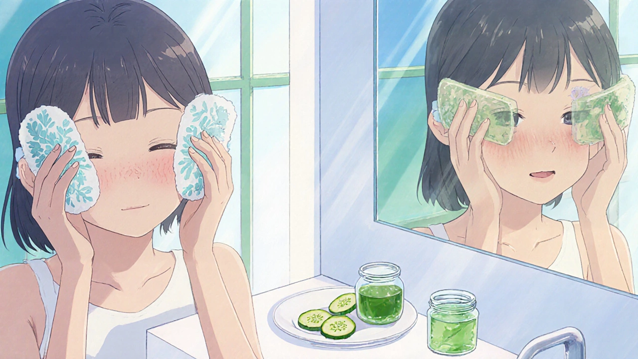 Person applying a cool compress, tea bags, cucumber slices, and aloe gel to soothe sunburned eyes.