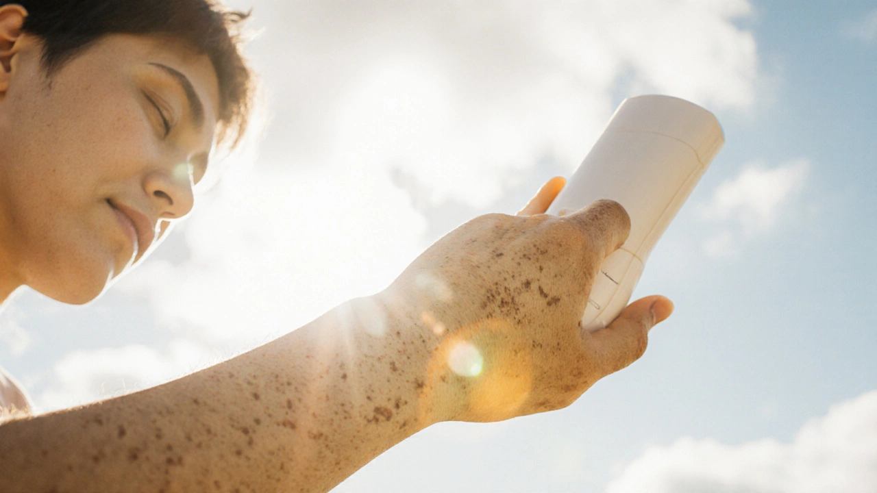 Person applying sunscreen to mottled arm under soft sunny light.