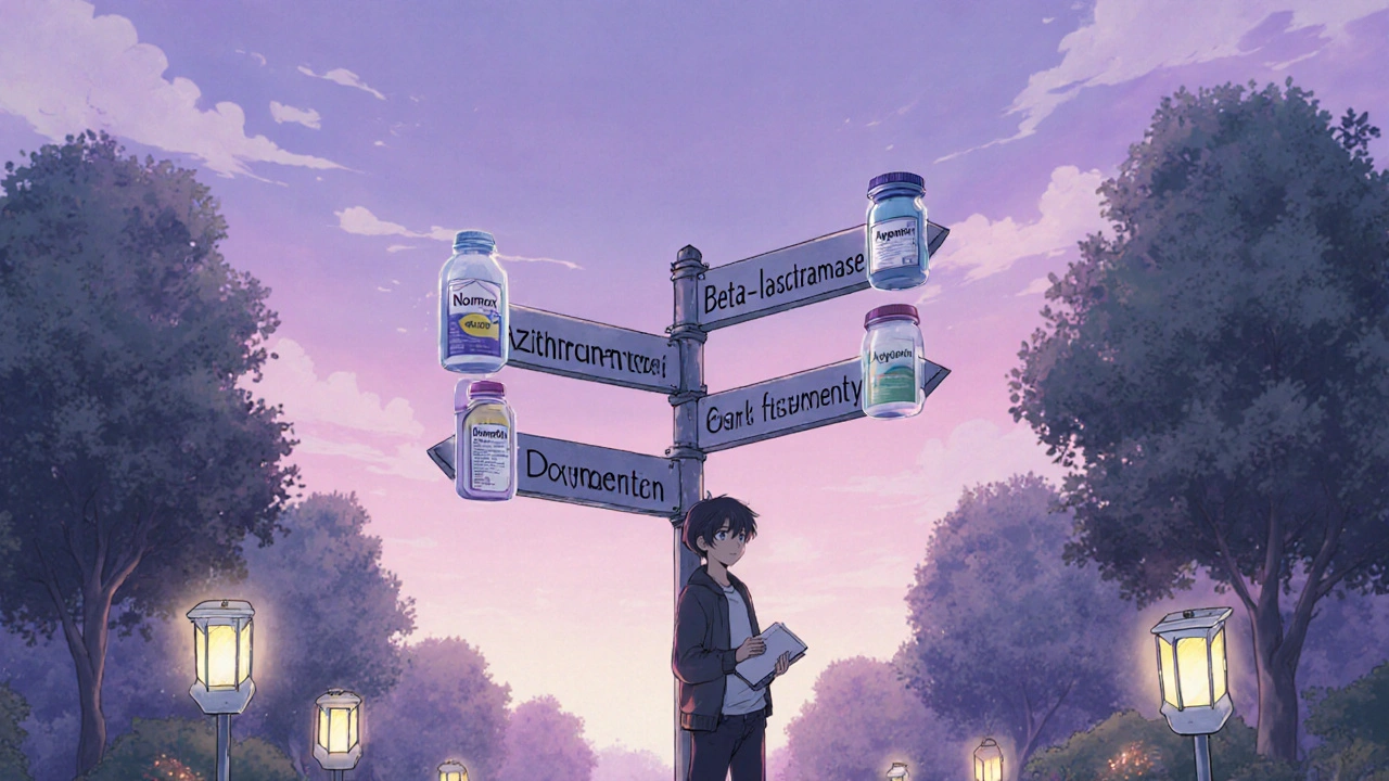 Person at a park crossroads with signposts for allergy, beta‑lactamase, dosing, and cost.