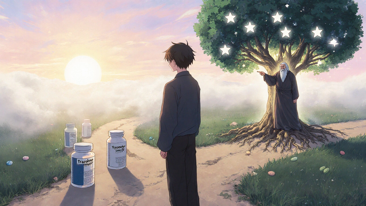 Person choosing between pills and CBT-I at a symbolic crossroads at dawn in anime style.