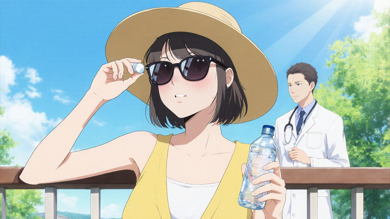 Person wearing UV sunglasses, a hat, and applying sunscreen while staying hydrated; a doctor silhouette appears.