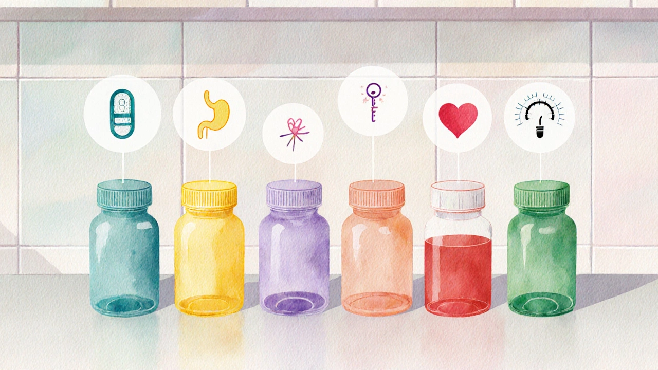 Pharmacy counter with colorful antidepressant bottles and side‑effect icons above each.