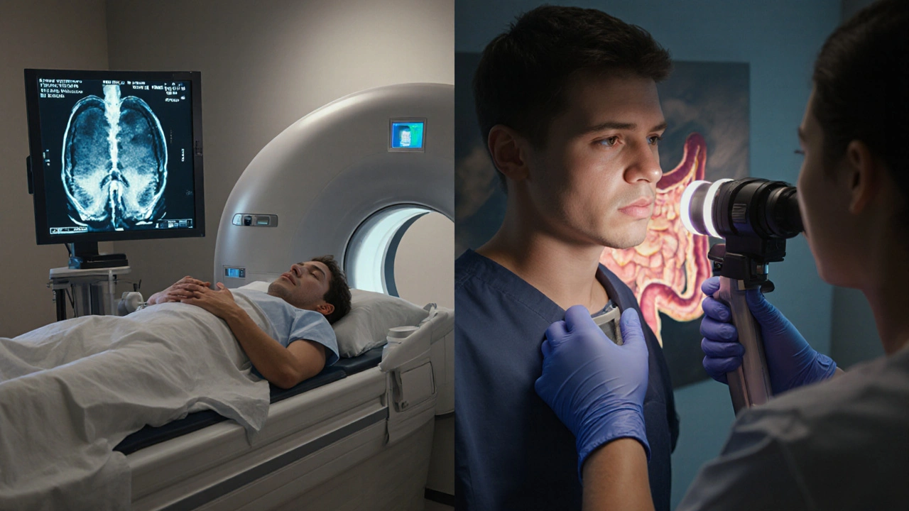 Photorealistic split view of a CF patient getting an MRI and a colonoscopy for cancer screening.