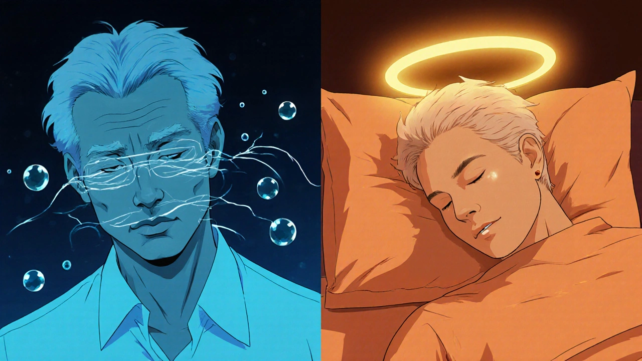 Split scene showing side effects of trazodone versus deep sleep with mirtazapine in anime style.