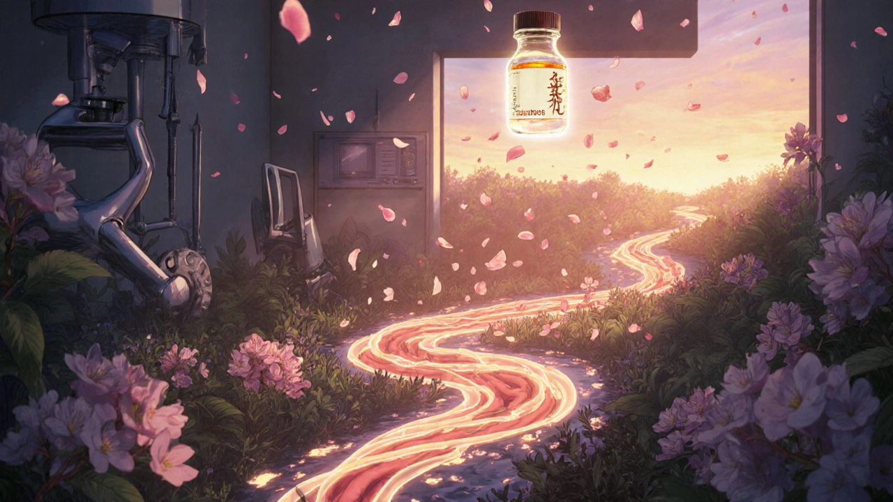 Surreal garden scene with smooth glowing intestines as rivers, symbolizing recovery after surgery.