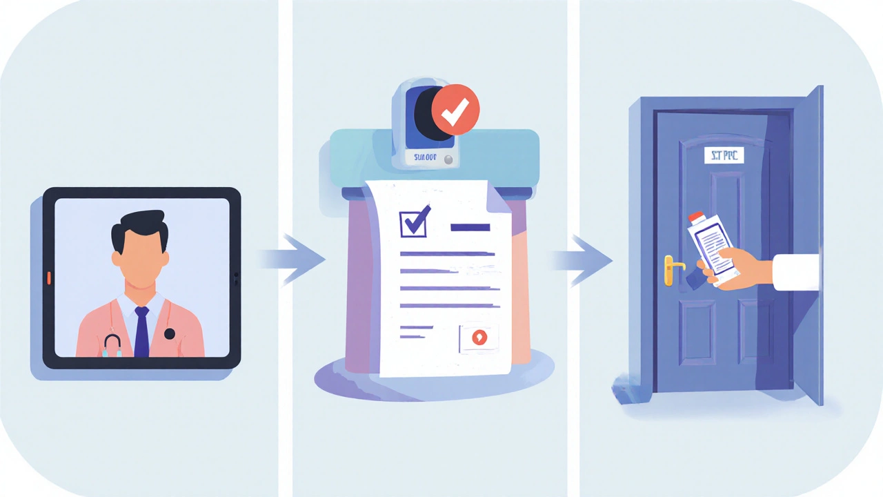 Three‑panel illustration of telehealth consult, digital prescription, and inhaler delivery.