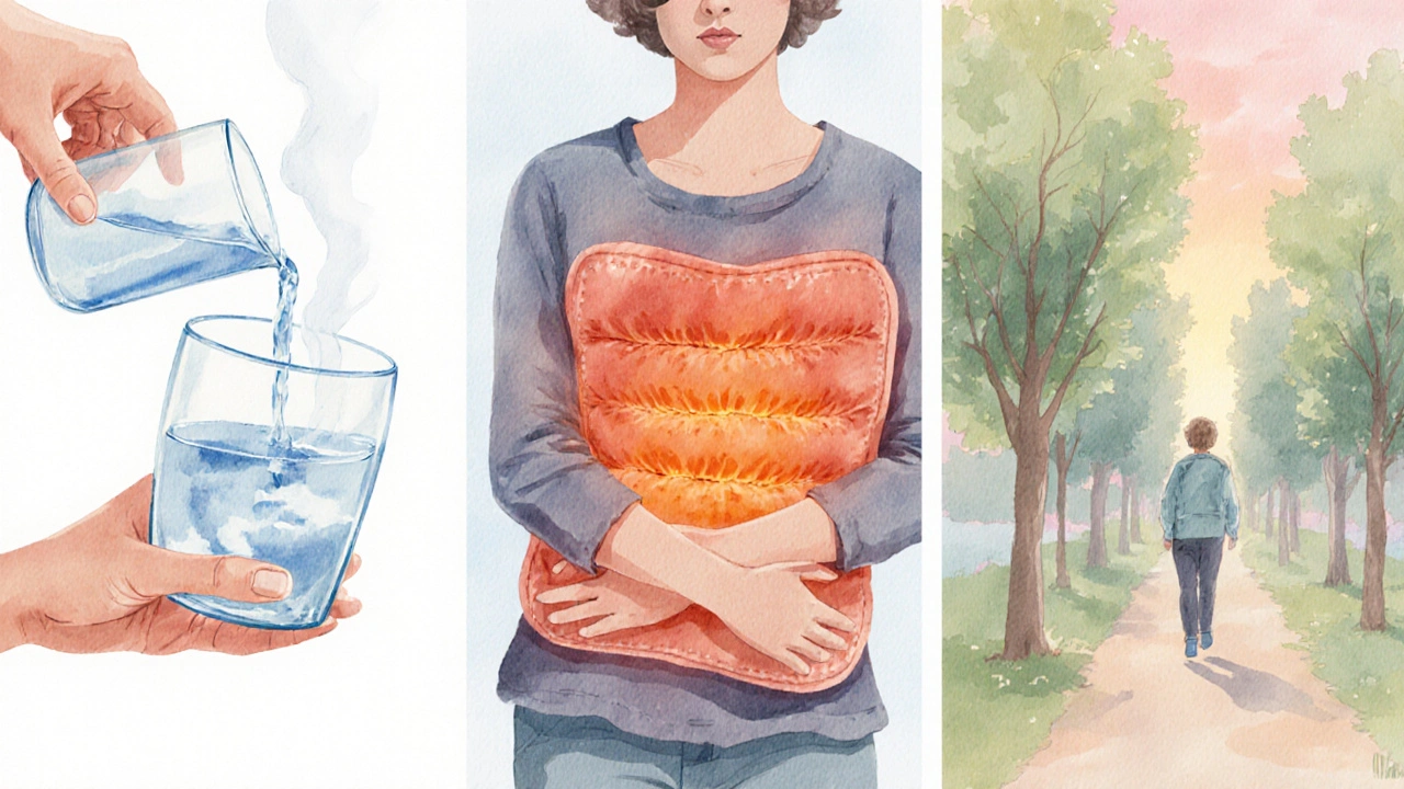 Water glass, heat pack, and person walking illustrating quick relief steps.