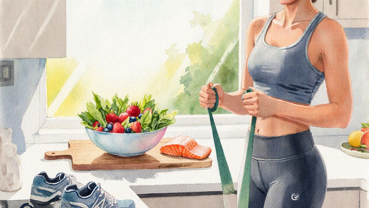 Watercolor scene of a CF patient preparing a healthy meal and exercising in a sunny kitchen.