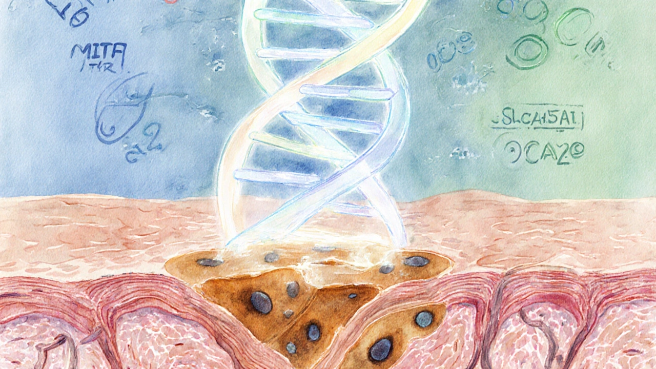 Watercolor skin cross‑section showing melanocytes and floating DNA helix.