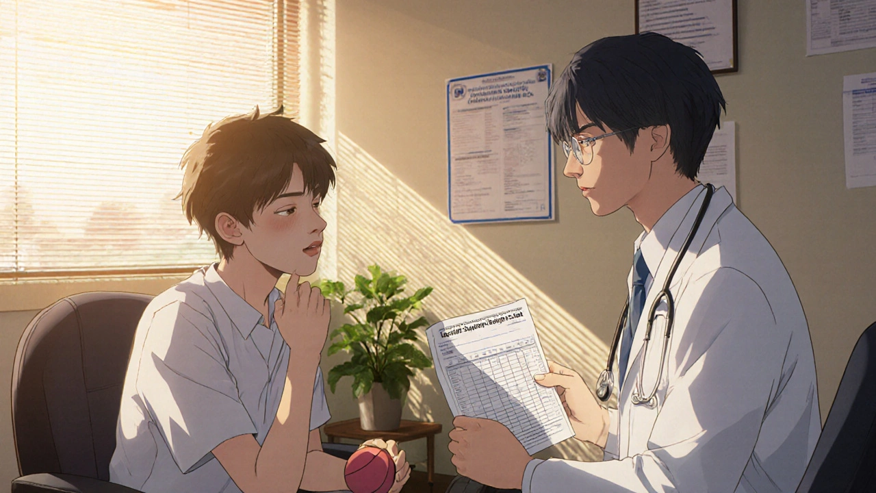 A doctor and teen in a sunlit office, the teen hesitantly making eye contact during a suicide risk assessment.