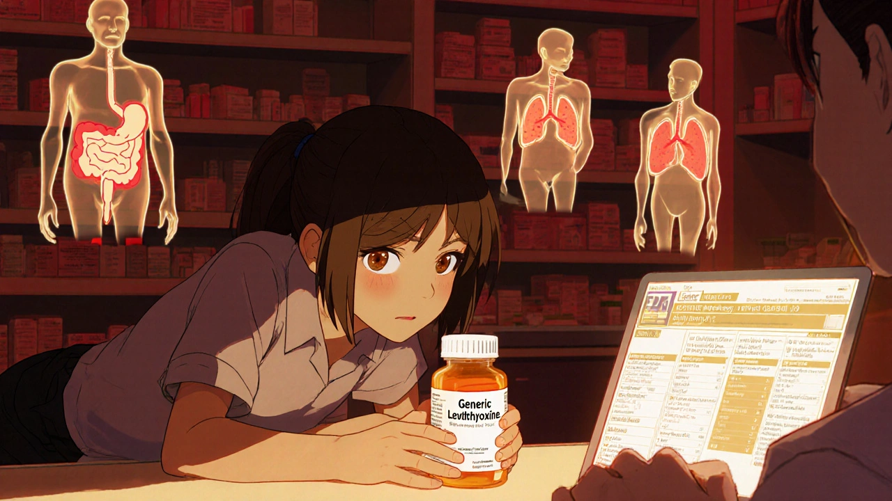A patient at a pharmacy with ghostly symptoms rising from generic pills, pharmacist checking FDA database.