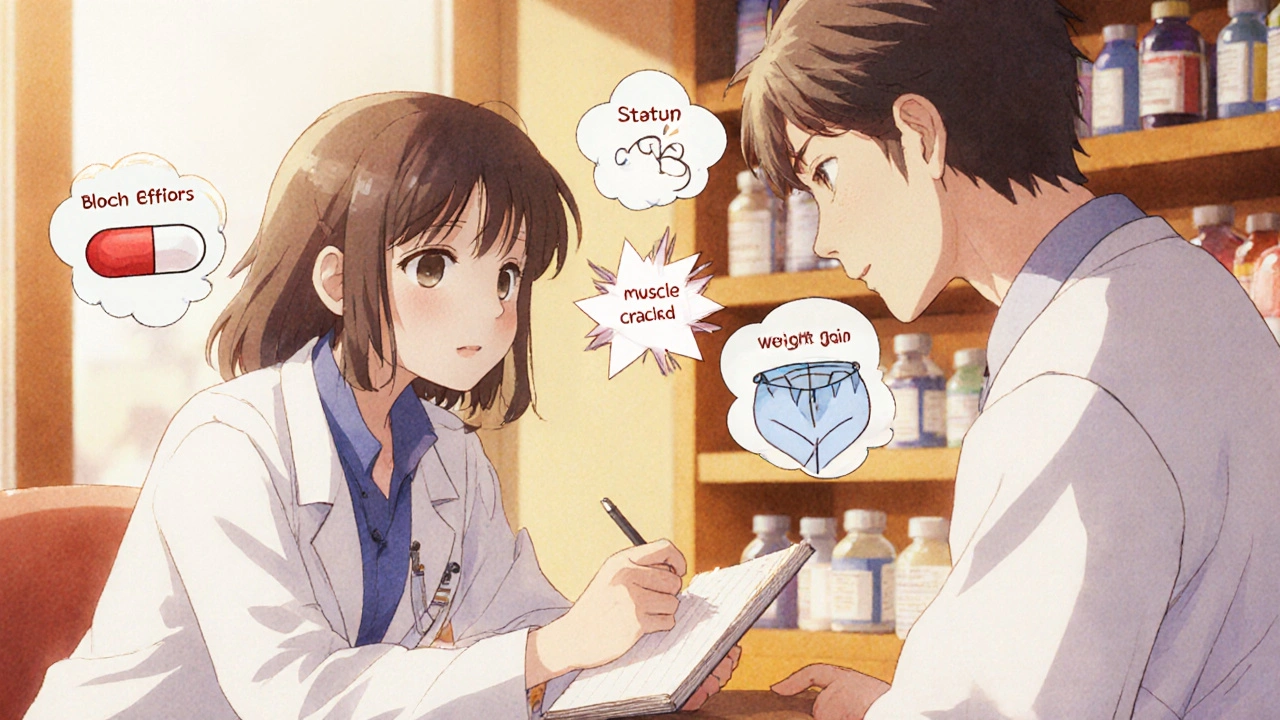 A pharmacist and patient talking in a pharmacy, with floating icons representing medication side effects.